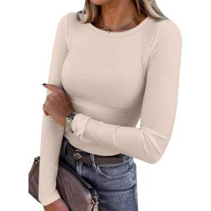 ANRABESS Women Long Sleeve Shirts Rib Knit Slim Fit Tops Basic Tee 2025 Fall Outfits Casual T-Shirt Underscrubs Layer Clothes(Beige)