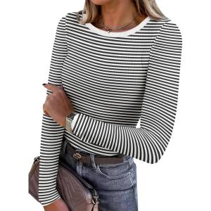 ANRABESS Women Long Sleeve Shirts Rib Knit Slim Fit Tops Basic Tee 2025 Fall Outfits Casual T-Shirt Underscrubs Layer Clothes(Black White)