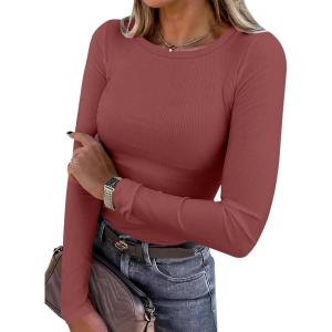 ANRABESS Women Long Sleeve Shirts Rib Knit Slim Fit Tops Basic Tee 2025 Fall Outfits Casual T-Shirt Underscrubs Layer Clothes(Brick Red)