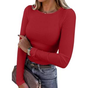 ANRABESS Women Long Sleeve Shirts Rib Knit Slim Fit Tops Basic Tee 2025 Fall Outfits Casual T-Shirt Underscrubs Layer Clothes(Bright Red)