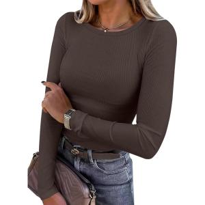ANRABESS Women Long Sleeve Shirts Rib Knit Slim Fit Tops Basic Tee 2025 Fall Outfits Casual T-Shirt Underscrubs Layer Clothes(Brown)