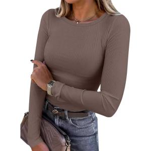 ANRABESS Women Long Sleeve Shirts Rib Knit Slim Fit Tops Basic Tee 2025 Fall Outfits Casual T-Shirt Underscrubs Layer Clothes(Coffee)