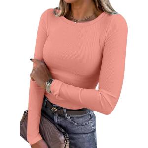 ANRABESS Women Long Sleeve Shirts Rib Knit Slim Fit Tops Basic Tee 2025 Fall Outfits Casual T-Shirt Underscrubs Layer Clothes(Coral)