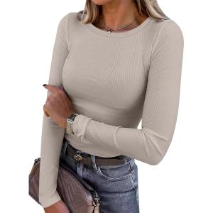 ANRABESS Women Long Sleeve Shirts Rib Knit Slim Fit Tops Basic Tee 2025 Fall Outfits Casual T-Shirt Underscrubs Layer Clothes(Dark Khaki)