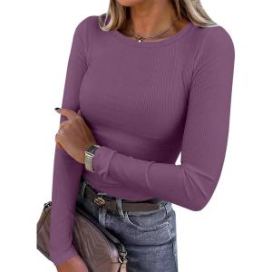 ANRABESS Women Long Sleeve Shirts Rib Knit Slim Fit Tops Basic Tee 2025 Fall Outfits Casual T-Shirt Underscrubs Layer Clothes(Deep Purple)