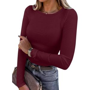 ANRABESS Women Long Sleeve Shirts Rib Knit Slim Fit Tops Basic Tee 2025 Fall Outfits Casual T-Shirt Underscrubs Layer Clothes(Deep Red)