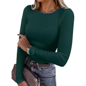 ANRABESS Women Long Sleeve Shirts Rib Knit Slim Fit Tops Basic Tee 2025 Fall Outfits Casual T-Shirt Underscrubs Layer Clothes(Forest Green)