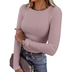 ANRABESS Women Long Sleeve Shirts Rib Knit Slim Fit Tops Basic Tee 2025 Fall Outfits Casual T-Shirt Underscrubs Layer Clothes(Grey Pink)