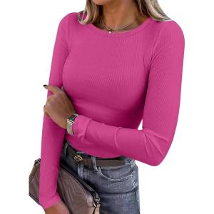 ANRABESS Women Long Sleeve Shirts Rib Knit Slim Fit Tops Basic Tee 2025 Fall Outfits Casual T-Shirt Underscrubs Layer Clothes(Hot Pink)
