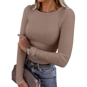 ANRABESS Women Long Sleeve Shirts Rib Knit Slim Fit Tops Basic Tee 2025 Fall Outfits Casual T-Shirt Underscrubs Layer Clothes(Light Khaki)