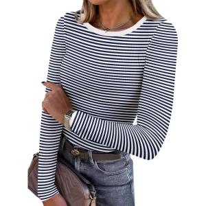 ANRABESS Women Long Sleeve Shirts Rib Knit Slim Fit Tops Basic Tee 2025 Fall Outfits Casual T-Shirt Underscrubs Layer Clothes(Navy Blue White)