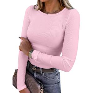 ANRABESS Women Long Sleeve Shirts Rib Knit Slim Fit Tops Basic Tee 2025 Fall Outfits Casual T-Shirt Underscrubs Layer Clothes(Pink)