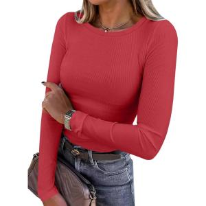 ANRABESS Women Long Sleeve Shirts Rib Knit Slim Fit Tops Basic Tee 2025 Fall Outfits Casual T-Shirt Underscrubs Layer Clothes(Red)