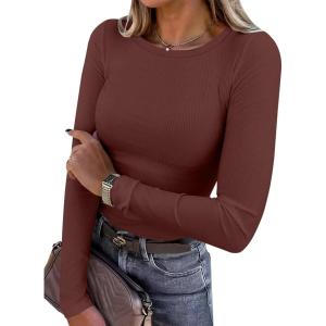 ANRABESS Women Long Sleeve Shirts Rib Knit Slim Fit Tops Basic Tee 2025 Fall Outfits Casual T-Shirt Underscrubs Layer Clothes(Red Brown)