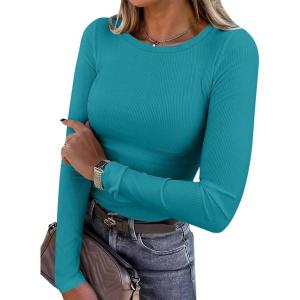 ANRABESS Women Long Sleeve Shirts Rib Knit Slim Fit Tops Basic Tee 2025 Fall Outfits Casual T-Shirt Underscrubs Layer Clothes(Teal)