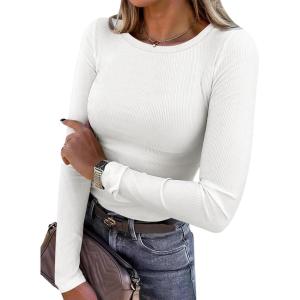 ANRABESS Women Long Sleeve Shirts Rib Knit Slim Fit Tops Basic Tee 2025 Fall Outfits Casual T-Shirt Underscrubs Layer Clothes(White)
