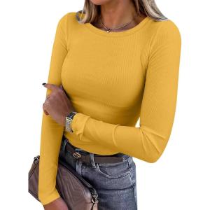 ANRABESS Women Long Sleeve Shirts Rib Knit Slim Fit Tops Basic Tee 2025 Fall Outfits Casual T-Shirt Underscrubs Layer Clothes(Yellow)