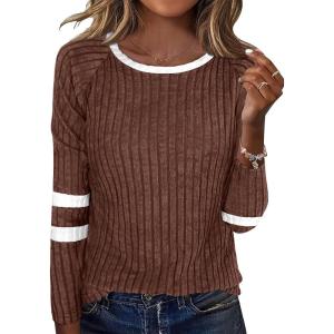ANRABESS Women Long Sleeve Tops Color Block Casual Shirts Lightweight Sweaters Fall Fashion Outfits 2025 Teen Girls Clothes(Brown+white)