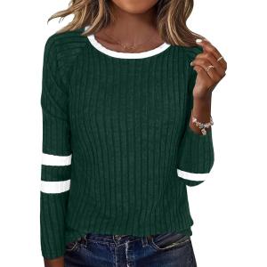 ANRABESS Women Long Sleeve Tops Color Block Casual Shirts Lightweight Sweaters Fall Fashion Outfits 2025 Teen Girls Clothes(Dark Green+white)