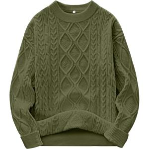 ANRABESS Women Oversized Chunky Cable Knitted Vintage Sweater 2025 Fall Winter Outfits(Army Green)