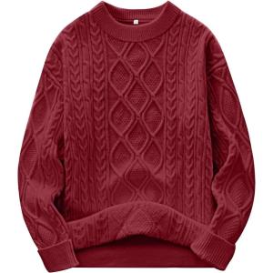 ANRABESS Women Oversized Chunky Cable Knitted Vintage Sweater 2025 Fall Winter Outfits(Deep Red)