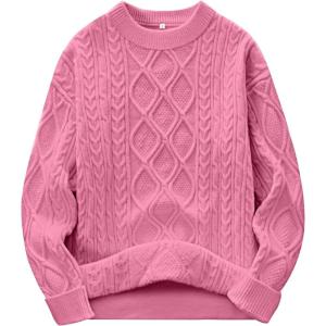 ANRABESS Women Oversized Chunky Cable Knitted Vintage Sweater 2025 Fall Winter Outfits(Pink)