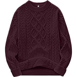 ANRABESS Women Oversized Chunky Cable Knitted Vintage Sweater 2025 Fall Winter Outfits(Wine Red)