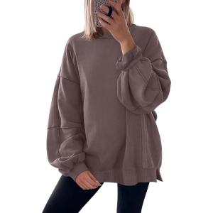 ANRABESS Women Oversized Long Sleeve Sweatshirts Crewneck Side Slit Loose Teen Girl Pullover Top 2025 Fall Y2K Trendy Outfits(Camel)