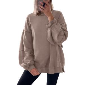ANRABESS Women Oversized Long Sleeve Sweatshirts Crewneck Side Slit Loose Teen Girl Pullover Top 2025 Fall Y2K Trendy Outfits(Khaki)