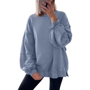 ANRABESS Women Oversized Long Sleeve Sweatshirts Crewneck Side Slit Loose Teen Girl Pullover Top 2025 Fall Y2K Trendy Outfits(Light Blue)