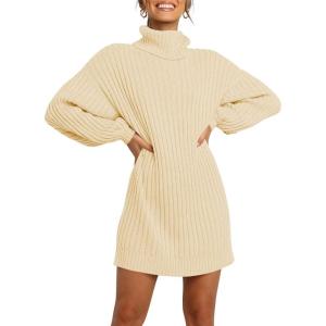ANRABESS Women Oversized Sweater Dress Turtleneck Batwing Long Sleeve Ribbed Knit Loose 2025 Fall Winter Casual Short Dress(Apricot)