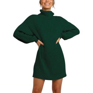 ANRABESS Women Oversized Sweater Dress Turtleneck Batwing Long Sleeve Ribbed Knit Loose 2025 Fall Winter Casual Short Dress(Dark Green)