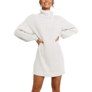 ANRABESS Women Oversized Sweater Dress Turtleneck Batwing Long Sleeve Ribbed Knit Loose 2025 Fall Winter Casual Short Dress(White)