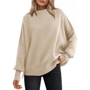 ANRABESS Women Oversized Sweaters Batwing Long Sleeve 2025 Fall Outfits Crewneck Casual Knit Side Slit Fashion Pullover Top(Apricot)