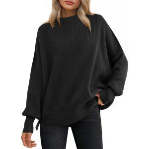 ANRABESS Women Oversized Sweaters Batwing Long Sleeve 2025 Fall Outfits Crewneck Casual Knit Side Slit Fashion Pullover Top(Black)