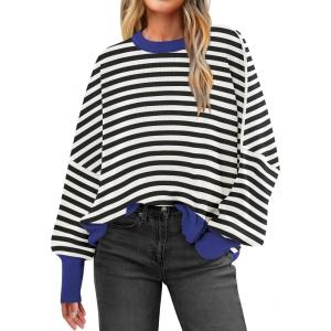 ANRABESS Women Oversized Sweaters Batwing Long Sleeve 2025 Fall Outfits Crewneck Casual Knit Side Slit Fashion Pullover Top(Black White)