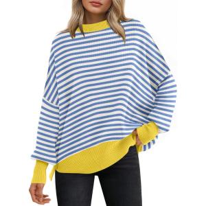 ANRABESS Women Oversized Sweaters Batwing Long Sleeve 2025 Fall Outfits Crewneck Casual Knit Side Slit Fashion Pullover Top(Blue White)