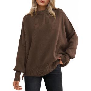 ANRABESS Women Oversized Sweaters Batwing Long Sleeve 2025 Fall Outfits Crewneck Casual Knit Side Slit Fashion Pullover Top(Coffee)