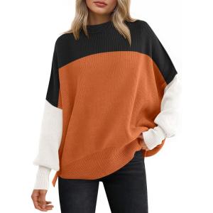 ANRABESS Women Oversized Sweaters Batwing Long Sleeve 2025 Fall Outfits Crewneck Casual Knit Side Slit Fashion Pullover Top(Colorblock Orange)