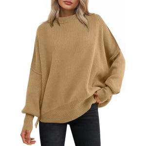 ANRABESS Women Oversized Sweaters Batwing Long Sleeve 2025 Fall Outfits Crewneck Casual Knit Side Slit Fashion Pullover Top(Deep Apricot)