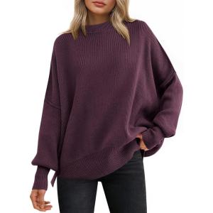 ANRABESS Women Oversized Sweaters Batwing Long Sleeve 2025 Fall Outfits Crewneck Casual Knit Side Slit Fashion Pullover Top(Fuchsia)