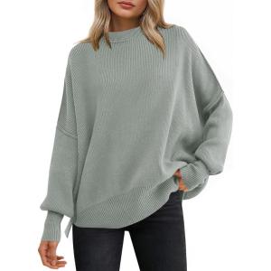 ANRABESS Women Oversized Sweaters Batwing Long Sleeve 2025 Fall Outfits Crewneck Casual Knit Side Slit Fashion Pullover Top(Gray)