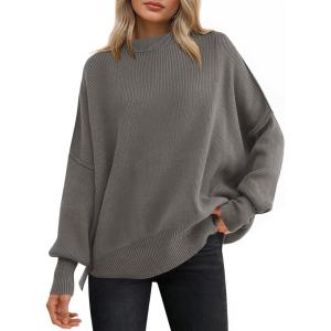 ANRABESS Women Oversized Sweaters Batwing Long Sleeve 2025 Fall Outfits Crewneck Casual Knit Side Slit Fashion Pullover Top(Grey Khaki)