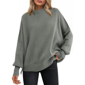ANRABESS Women Oversized Sweaters Batwing Long Sleeve 2025 Fall Outfits Crewneck Casual Knit Side Slit Fashion Pullover Top(Khaki Green)
