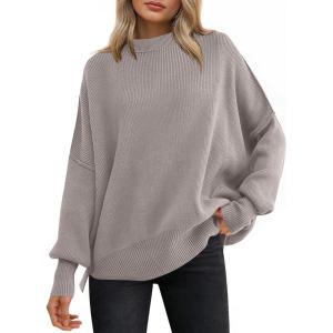 ANRABESS Women Oversized Sweaters Batwing Long Sleeve 2025 Fall Outfits Crewneck Casual Knit Side Slit Fashion Pullover Top(Light Grey Khaki)