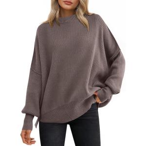 ANRABESS Women Oversized Sweaters Batwing Long Sleeve 2025 Fall Outfits Crewneck Casual Knit Side Slit Fashion Pullover Top(Nutmeg)