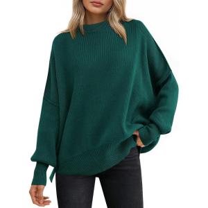 ANRABESS Women Oversized Sweaters Batwing Long Sleeve 2025 Fall Outfits Crewneck Casual Knit Side Slit Fashion Pullover Top(Opal Green)