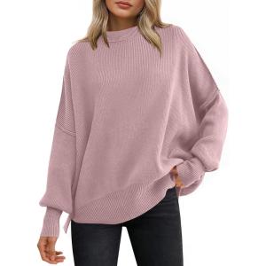 ANRABESS Women Oversized Sweaters Batwing Long Sleeve 2025 Fall Outfits Crewneck Casual Knit Side Slit Fashion Pullover Top(Pink)