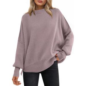 ANRABESS Women Oversized Sweaters Batwing Long Sleeve 2025 Fall Outfits Crewneck Casual Knit Side Slit Fashion Pullover Top(Pink Apricot)