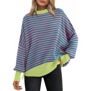 ANRABESS Women Oversized Sweaters Batwing Long Sleeve 2025 Fall Outfits Crewneck Casual Knit Side Slit Fashion Pullover Top(Pink Green)